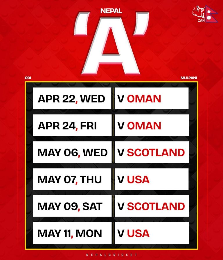 Nepal ‘A’ cricket team will also play against Oman, Scotland and America
 — rohanmandal.com.np