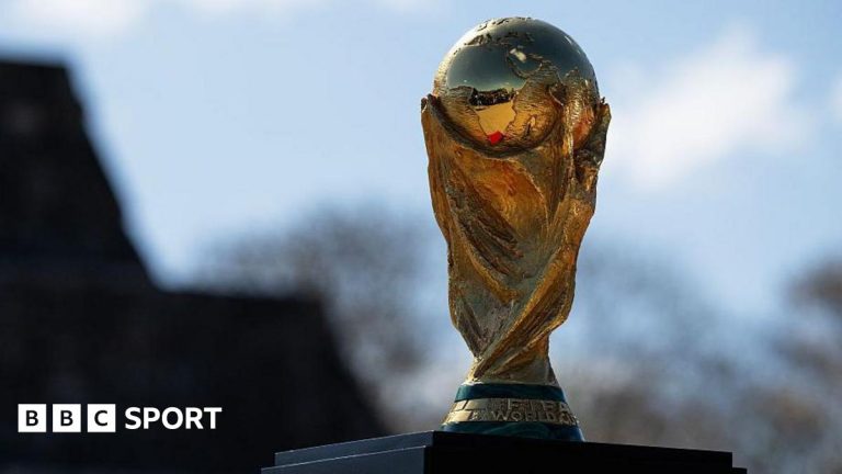 The World Cup trophy on display in Chichen Itza, Yucatan state, Mexico